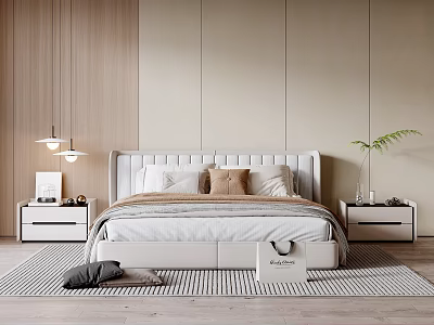Minimalist Double Bed Interior with White Headboard Multiple Pillows Bedside Tables and Wooden Beige Wall 3d model