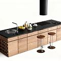 Modern Kitchen Bar With Black Countertop Wooden Cabinets Wine Rack Sink And Bar Stools