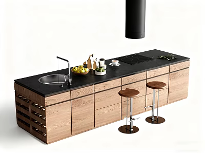 Modern Kitchen Bar With Black Countertop Wooden Cabinets Wine Rack Sink And Bar Stools 3d model