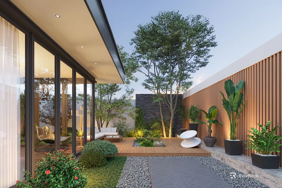 Courtyard Garden With Glass Doors Wooden Deck White Circular Seats Pebble Path And Lush Plants 3d model 
