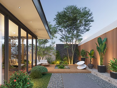 Courtyard Garden With Glass Doors Wooden Deck White Circular Seats Pebble Path And Lush Plants 3d model