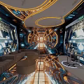 Futuristic Tech Inspired KTV Interior With Illuminated Decor Circular Light Strips Large Screens And Sofas 3d model