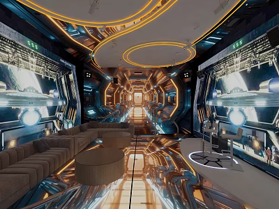 Futuristic Tech Inspired KTV Interior With Illuminated Decor Circular Light Strips Large Screens And Sofas 3d model