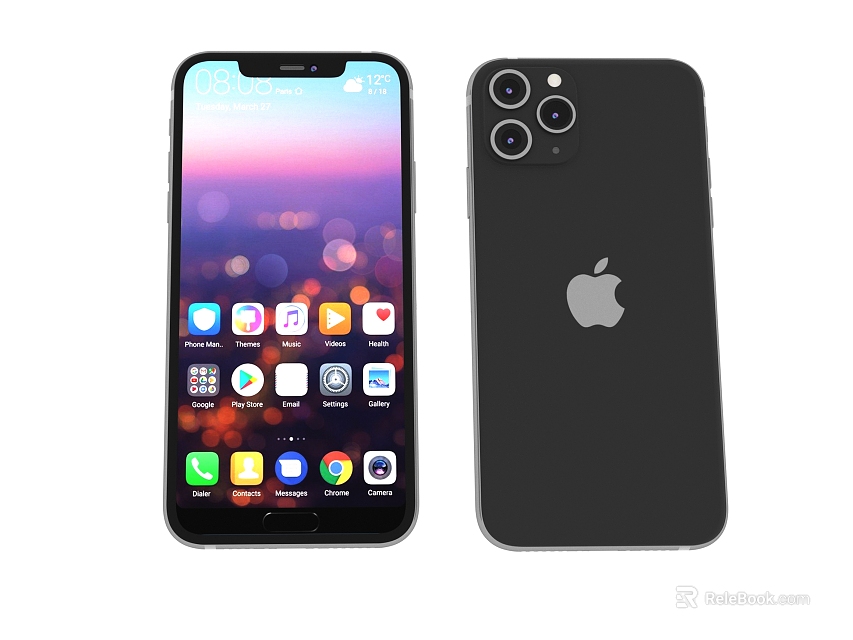 Apple Smartphone Front Screen With App Icons And Back Cover Logo Design 3d model 