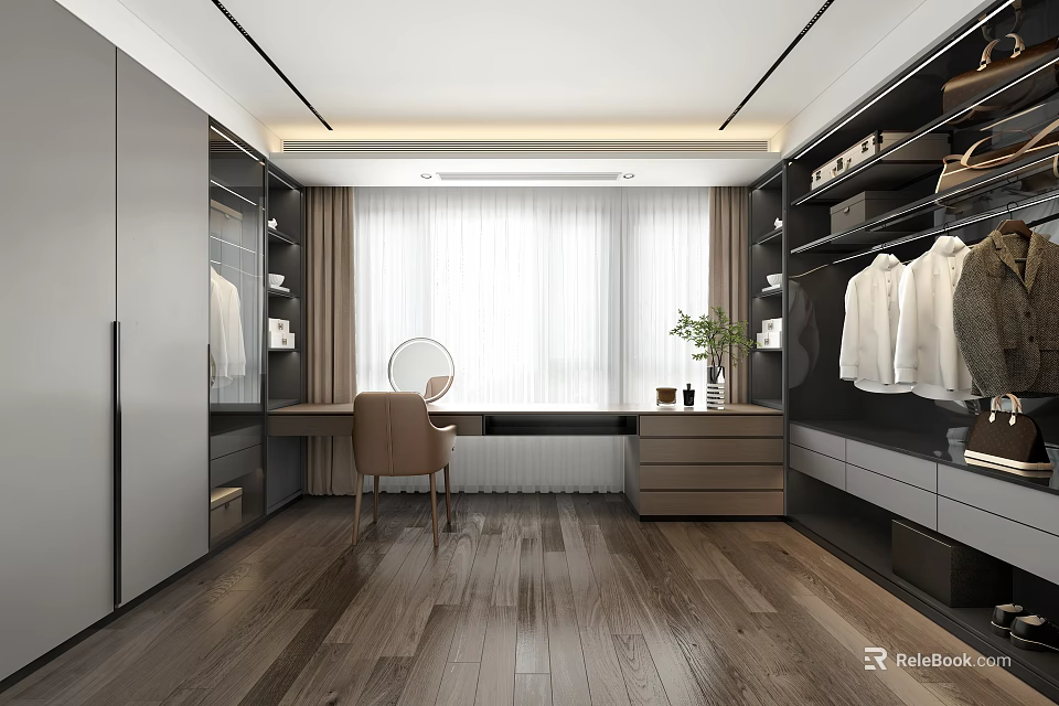 Modern Walk In Closet With Dressing Table And Storage 3d model