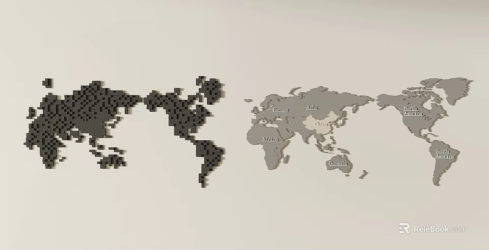 World Map Wall Decor with Black Square Design and Grey Region Labeled Art 3d model