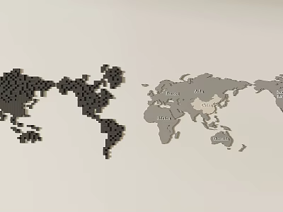 World Map Wall Decor with Black Square Design and Grey Region Labeled Art 3d model