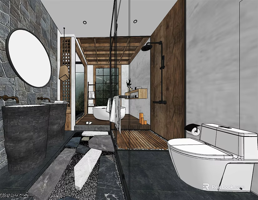Hotel Bathroom Interior With Stone Walls Round Mirror Wooden Accents And Bathtub 3d model 