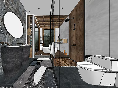 Hotel Bathroom Interior With Stone Walls Round Mirror Wooden Accents And Bathtub 3d model