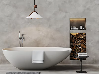 Modern Freestanding White Bathtub Interior With Textured Grey Wall Wooden Shelf Bath Products And Towel 3d model