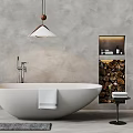 Modern Freestanding White Bathtub Interior With Textured Grey Wall Wooden Shelf Bath Products And Towel