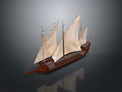 Classic Wooden Sailboat Model With Multiple White Sails And Intricate Details 3d model
