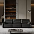 Modern Black Leather Sofa Coffee Table Combination In Living Room With Bookshelves And Floor Lamp