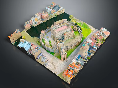 Cartoon Scene Featuring Miniature Castle Town With Colorful Houses Green Areas And Roads 3d model