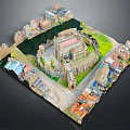 Cartoon Scene Featuring Miniature Castle Town With Colorful Houses Green Areas And Roads