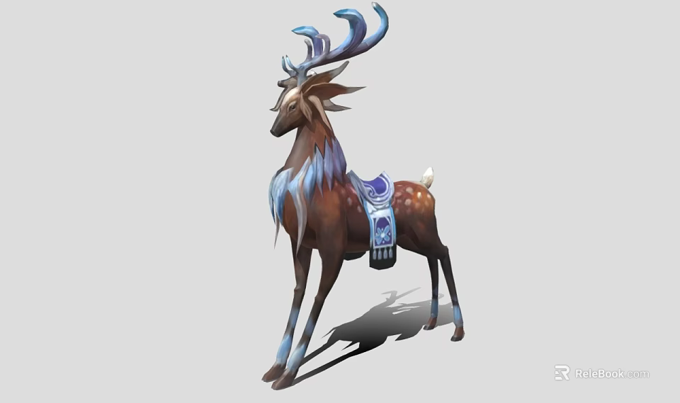 Mythical Deer With Blue Antlers Brown And White Fur And Blue Saddle On Back 3d model 