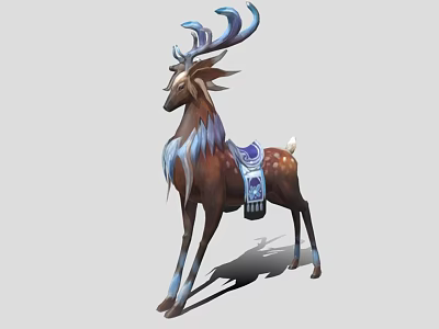 Mythical Deer With Blue Antlers Brown And White Fur And Blue Saddle On Back 3d model