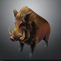 Realistic Wild Boar With Orange Red Fur And White Tusks Standing On Dark Background