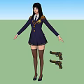Game And Movie Female Character In Dark Blue Uniform With Gold Badges Stockings And Handguns