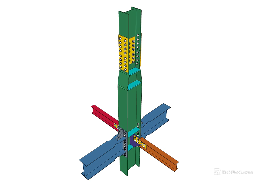 Steel Structural Component Featuring Cross Beams Red Blue Orange Connectors And Green Column 3d model