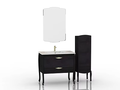 Stylish Dark Colored Bathroom Cabinet With Mirror Drawer And Tall Cabinet For Modern Bathroom 3d model