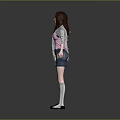 Long Haired Girl In Gray Cardigan Standing With Small White Rabbit 3d model