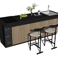 Modern Bar Counter With Black Countertop Wooden Cabinet Two Stools Sink And Green Apples