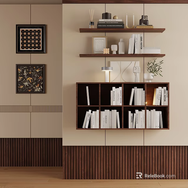 Wooden Wall Cabinets Interior With Organized Books Decorative Items And Wall Art 3d model 