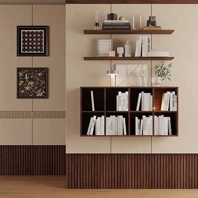 Wooden Wall Cabinets Interior With Organized Books Decorative Items And Wall Art 3d model