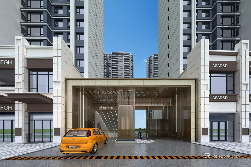 Entrance Gate Of Modern High Rise Residential Building With Glass Canopy And Yellow Car 3d model 