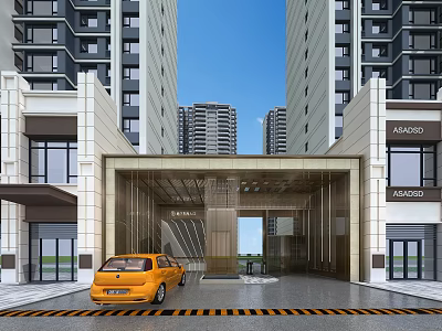 Entrance Gate Of Modern High Rise Residential Building With Glass Canopy And Yellow Car 3d model