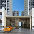 Entrance Gate Of Modern High Rise Residential Building With Glass Canopy And Yellow Car
