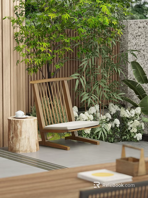 Wooden Leisure Chair With Stump Side Table Surrounded By Green Plants White Flowers And Bamboo 3d model 