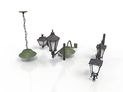Vintage Lanterns Chandeliers Wall Sconces And Outdoor Lamps With Iron Frames And Glass Shades 3d model