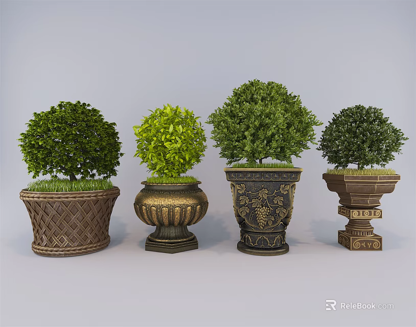Decorative Public Facilities Featuring Various Design Planters With Green Topiary Shrubs 3d model
