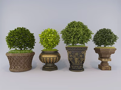 Decorative Public Facilities Featuring Various Design Planters With Green Topiary Shrubs 3d model