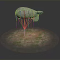 Giant Textured Airship Tethered To Ground With Small Figure On Grassy Dirt Circle Dark Background