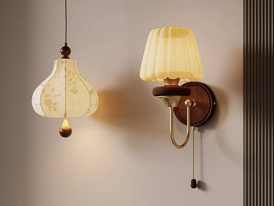 Vintage Ceiling And Wall Lamps With Floral Fabric Shades And Wooden Bases 3d model