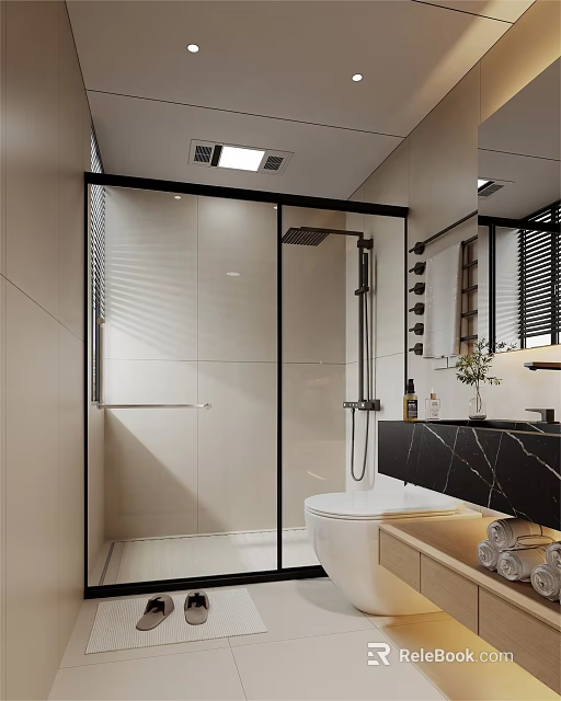 Modern Minimalist Beige Bathroom With Black Frame Glass Shower Enclosure And Elegant Marble Vanity Counter 3d model 