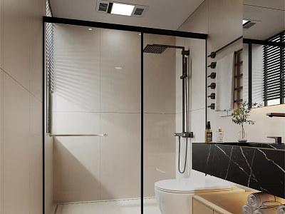 Modern Minimalist Beige Bathroom With Black Frame Glass Shower Enclosure And Elegant Marble Vanity Counter 3d model