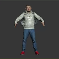 Casual Men's Outfit With Beige Hoodie Blue Jeans Red Sneakers And Camouflage Backpack