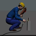 Man Wearing Yellow Hard Hat Blue Work Uniform Using Tool On White Object With Cable 3d model
