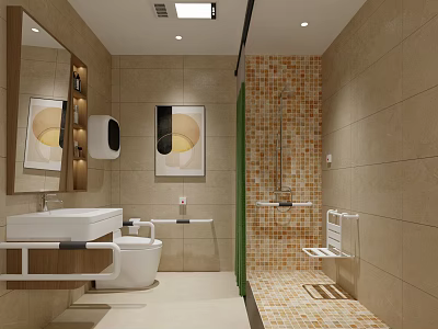 Modern Bathroom Interior With Tiled Shower Area Vanity Toilet Mirror And Lighting 3d model