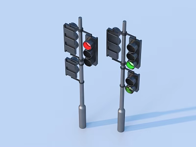 Two Traffic Lights On Poles Showing Red And Green Signals Against Blue Background 3d model