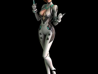 Futuristic Female Character In Tech Inspired White Gray Outfit With Green Accents Holding Device In Confident Stance 3d model