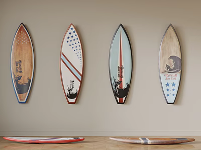Colorful Surfboards Hanging On Wall And Placed On Floor With Various Patterns 3d model