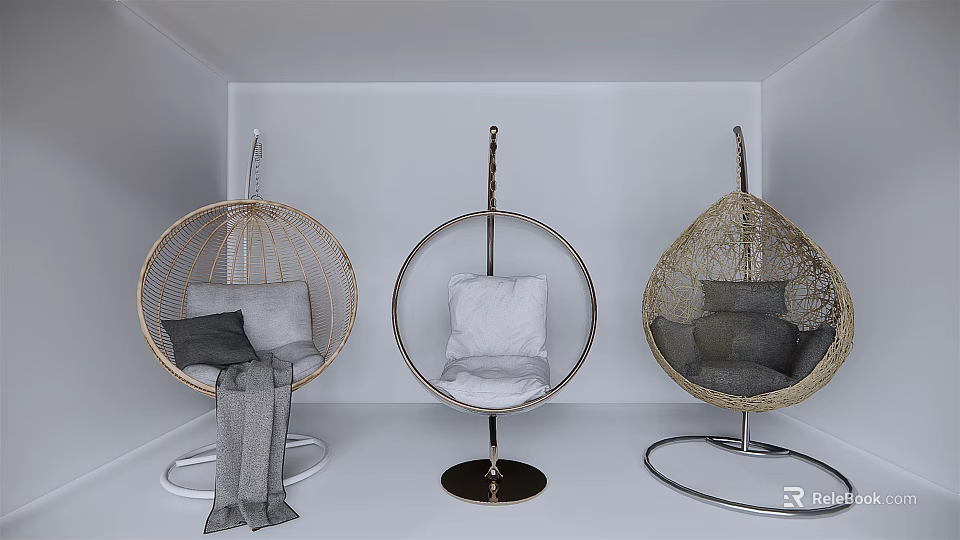 Modern Hanging Rattan Chairs With Metal Frames And Gray White Cushions In White Room 3d model 