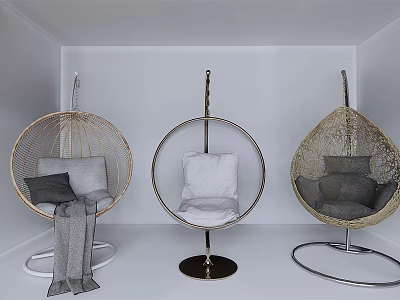 Modern Hanging Rattan Chairs With Metal Frames And Gray White Cushions In White Room 3d model
