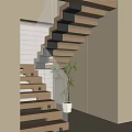 Modern Wooden And Black Staircase With Glass Railing And Potted Plant