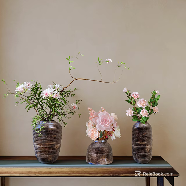 Textured Dark Vases With Pink White Flowers And Green Foliage On Table Against Light Wall 3d model 